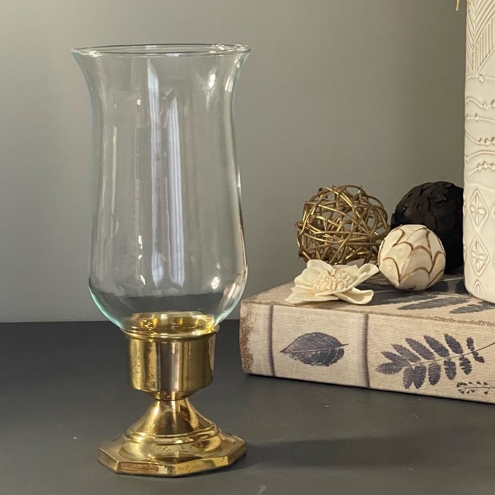 Antique Hampton Brass Candlestick with Hurricane Glass